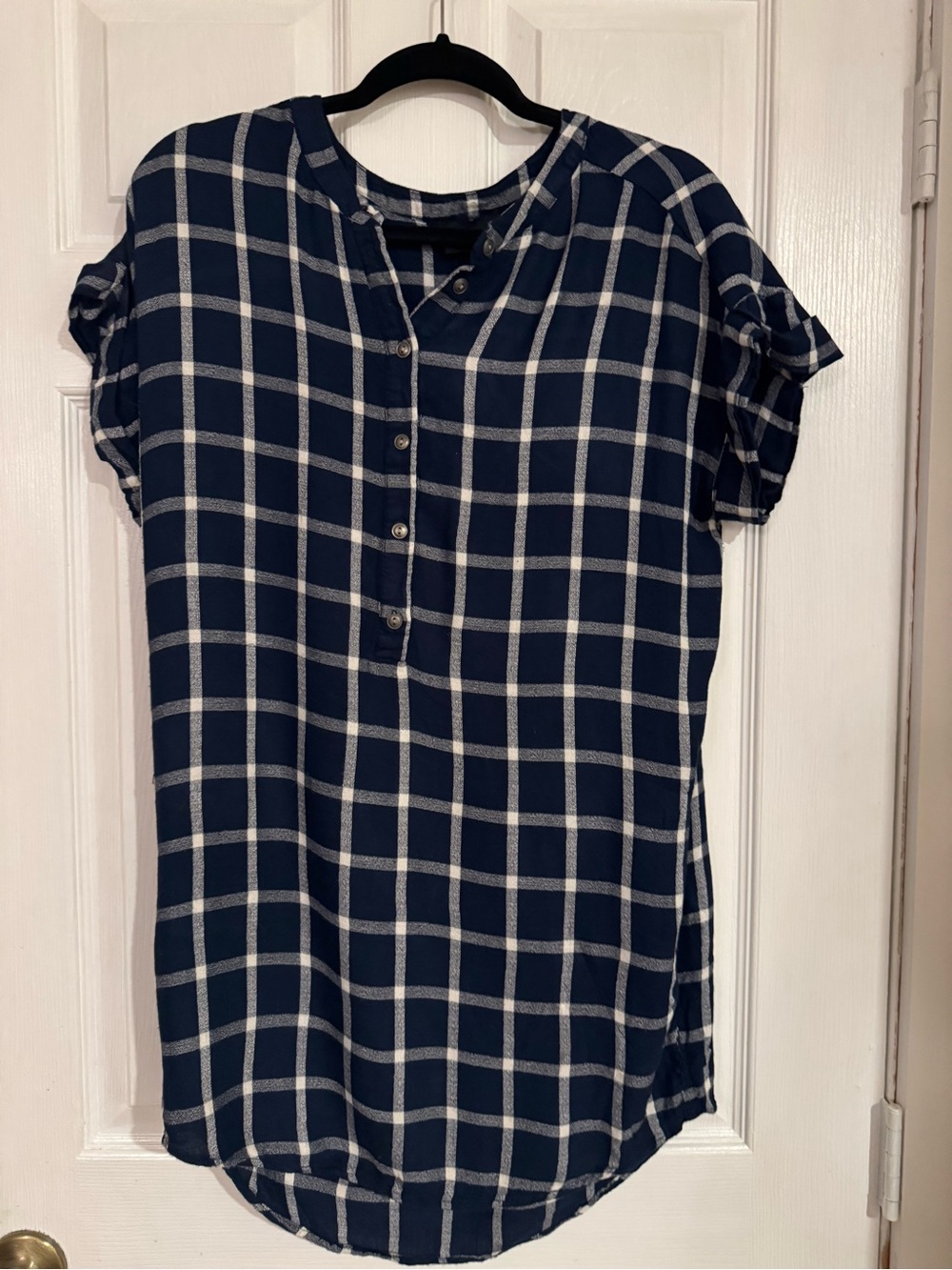 Women's Navy and White Windowpane Button-Front Top/Tunic